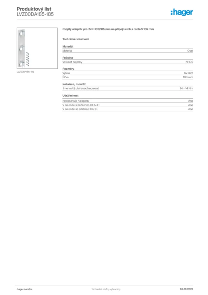 Obrázek Hager Product data sheet LVZ00DA185-185 | Hager