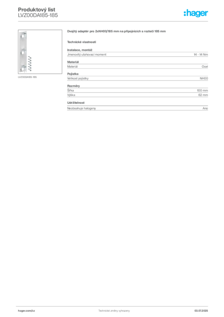 Obrázek Hager Produktový list LVZ00DA185-185 | Hager