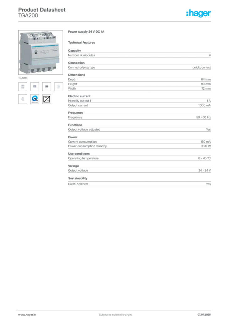 Image Hager Product data sheet TGA200  | Hager