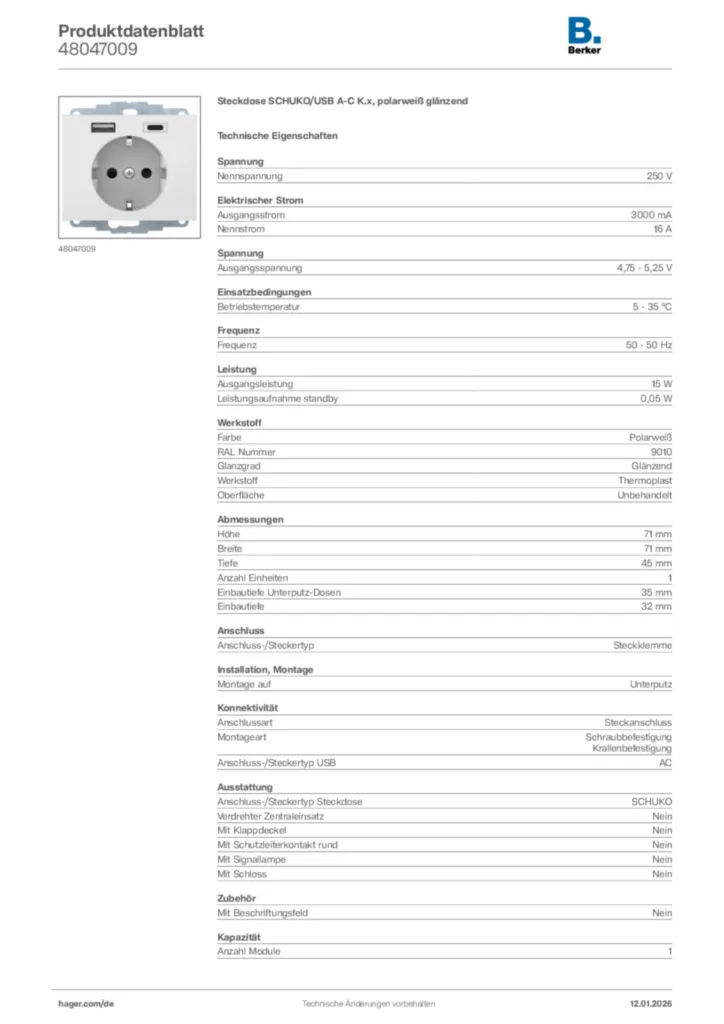 Bild Berker Produktdatenblatt 48047009 | Hager Deutschland