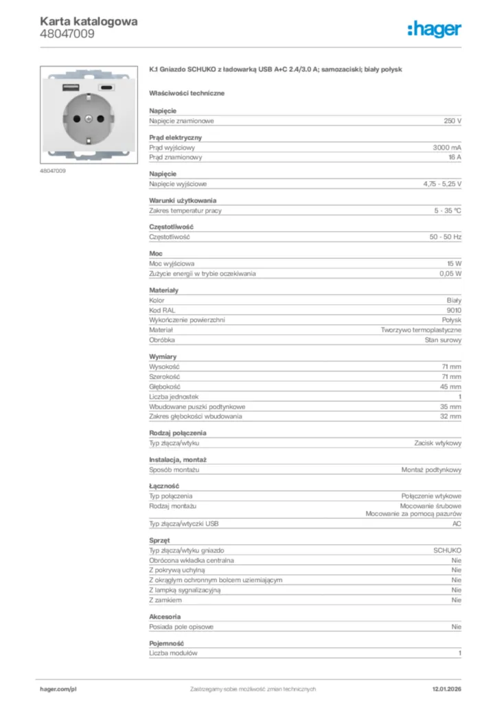 Zdjęcie Hager Karta katalogowa 48047009 | Hager Polska