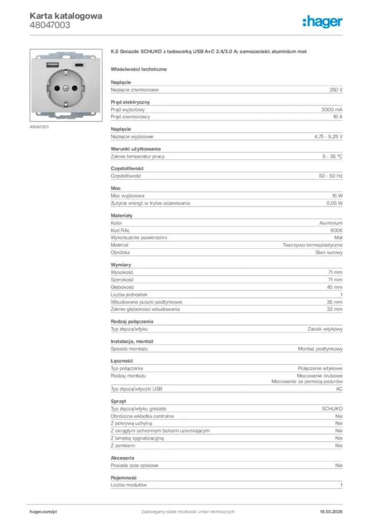Zdjęcie Hager Karta katalogowa 48047003 | Hager Polska