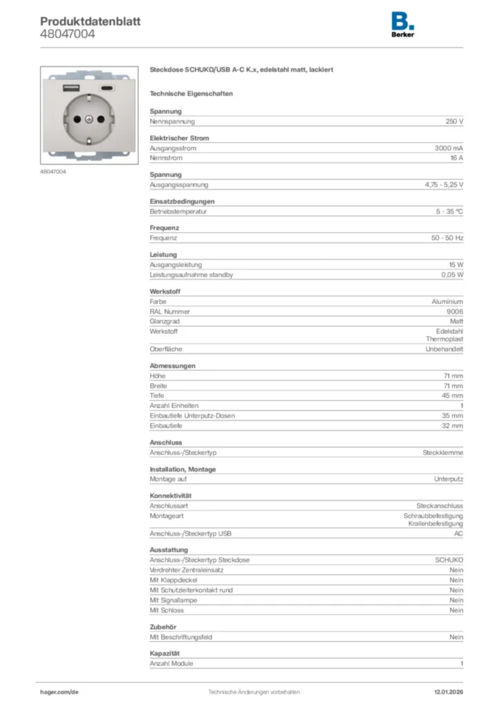 Bild Berker Produktdatenblatt 48047004 | Hager Deutschland