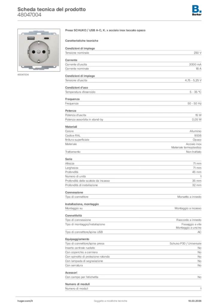 Immagine Berker Scheda tecnica del prodotto 48047004 | Hager Italia