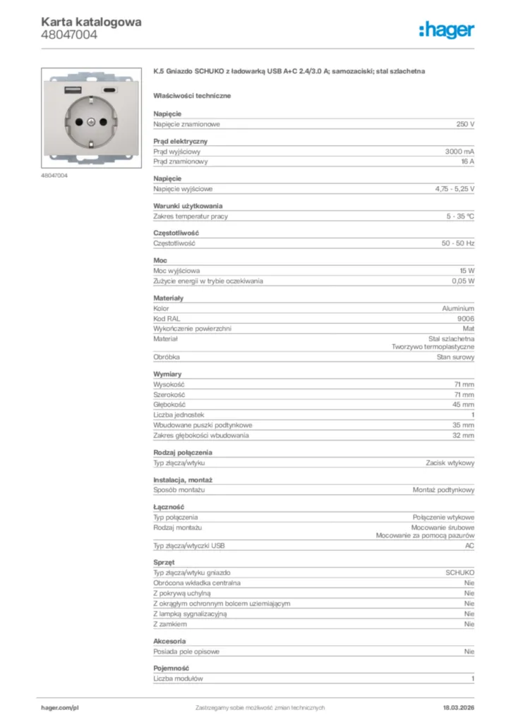 Zdjęcie Hager Karta katalogowa 48047004 | Hager Polska