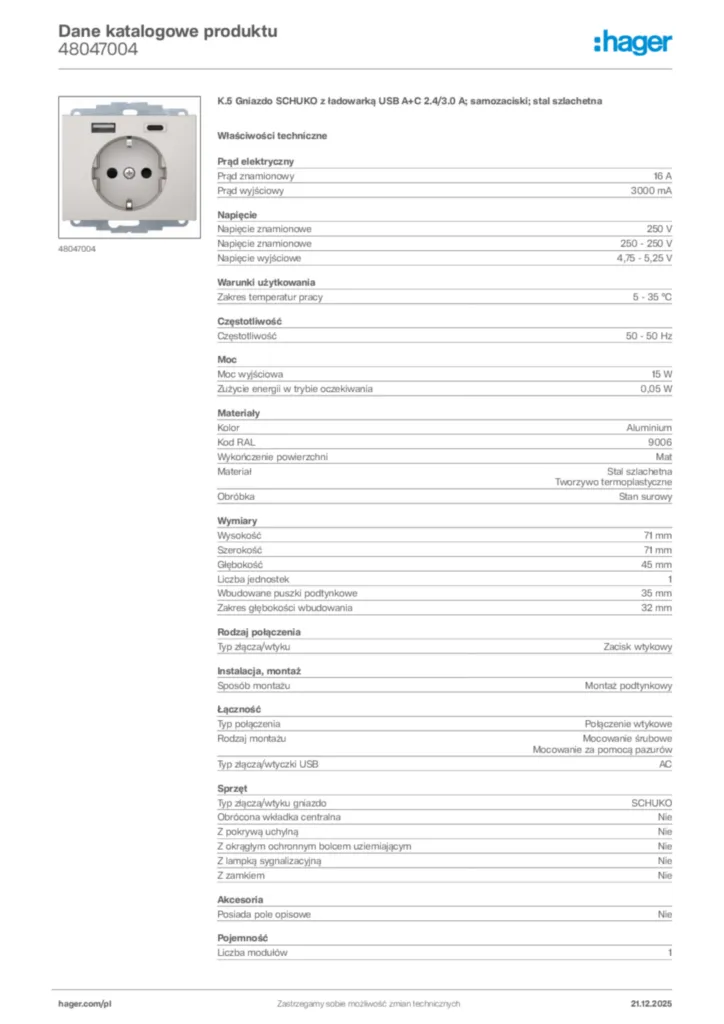 Zdjęcie Hager Dane katalogowe produktu 48047004 | Hager Polska