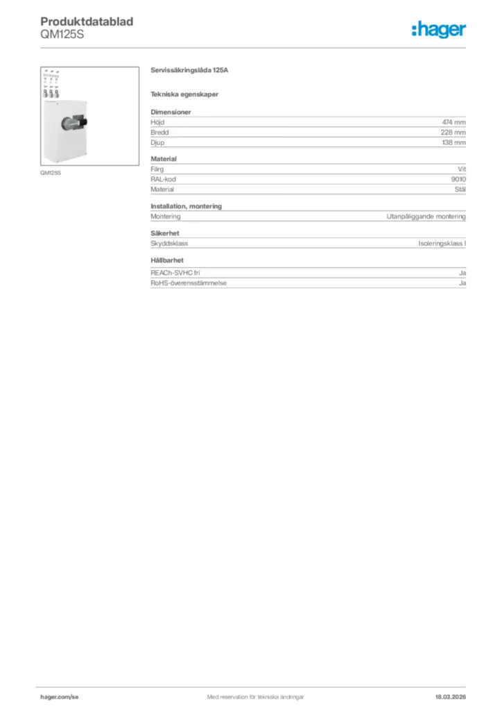Bild Hager Produktdatablad QM125S | Hager Sverige
