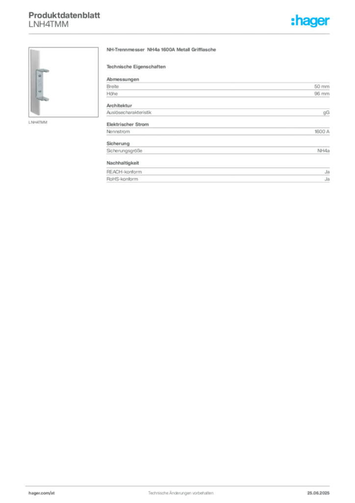 Bild Hager Produktdatenblatt LNH4TMM | Hager Deutschland