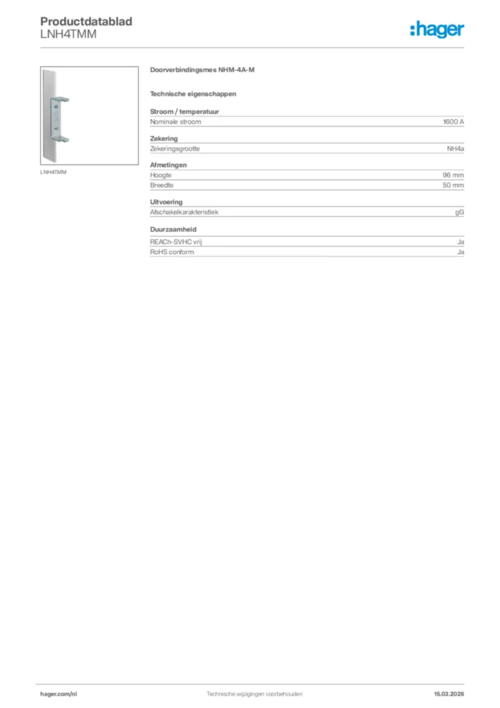 Afbeelding Hager Productdatablad LNH4TMM | Hager Nederland