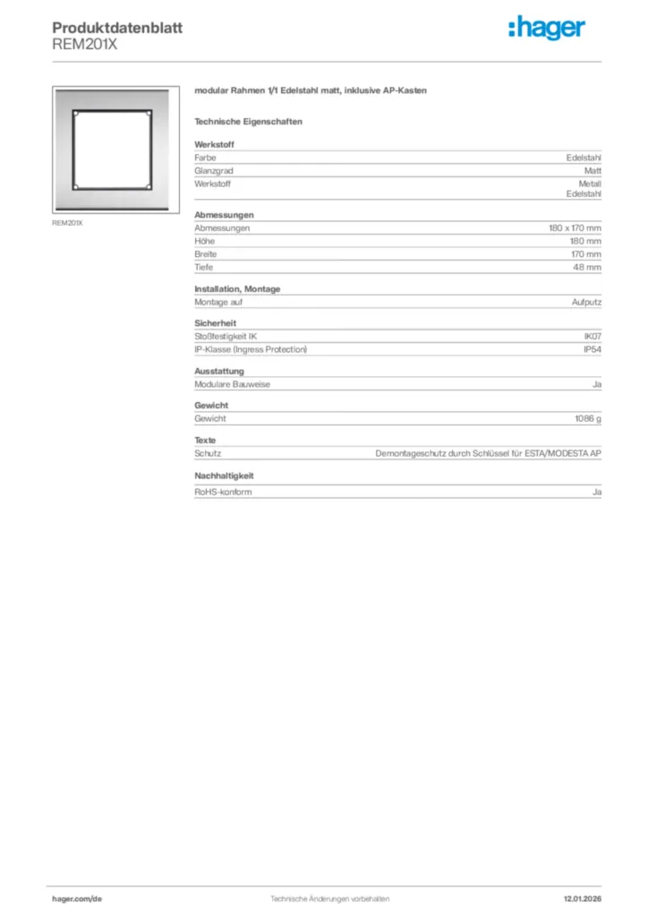 Bild Hager Produktdatenblatt REM201X | Hager Deutschland
