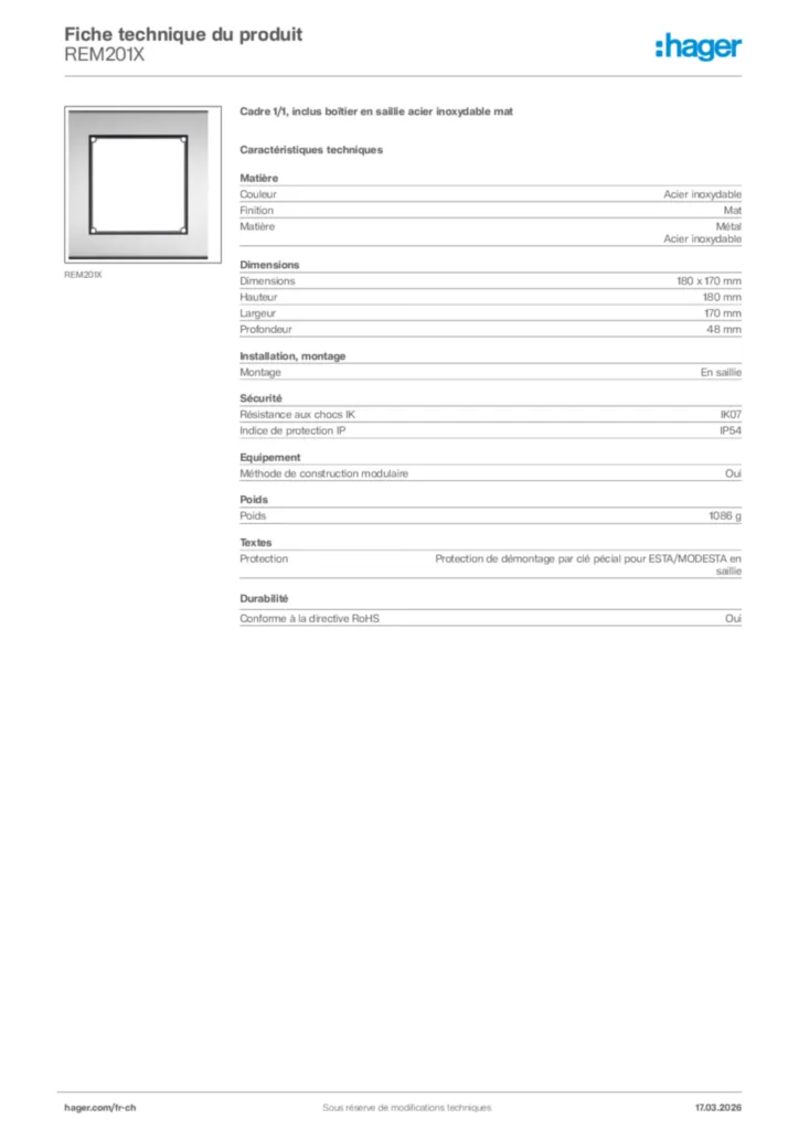 Image Hager Fiche technique du produit REM201X | Hager Suisse