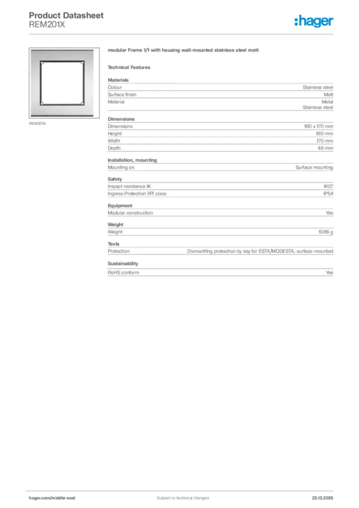 Image Hager Product data sheet REM201X  | Hager