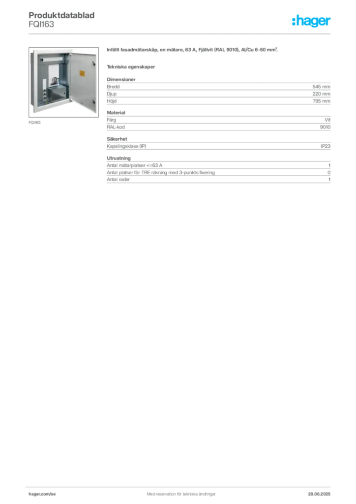 Bild Hager Produktdatablad FQI163 | Hager Sverige