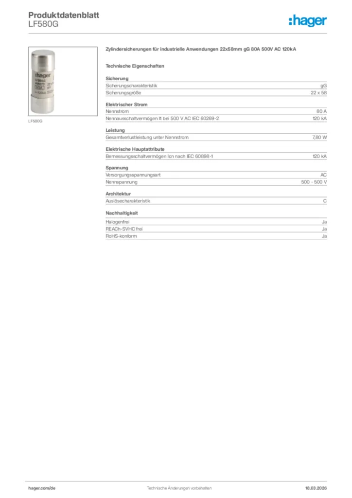 Bild Hager Produktdatenblatt LF580G | Hager Deutschland