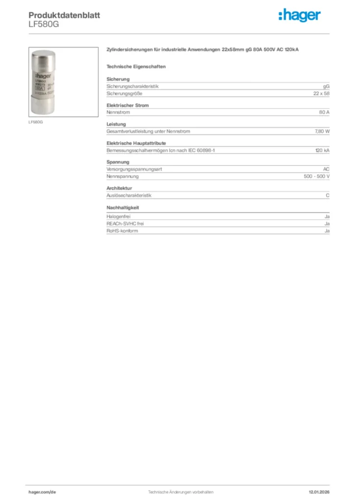 Bild Hager Produktdatenblatt LF580G | Hager Deutschland