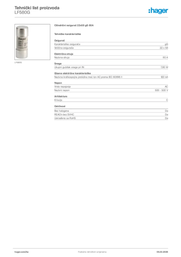 Slika Hager Tehnički list proizvoda LF580G  | Hager