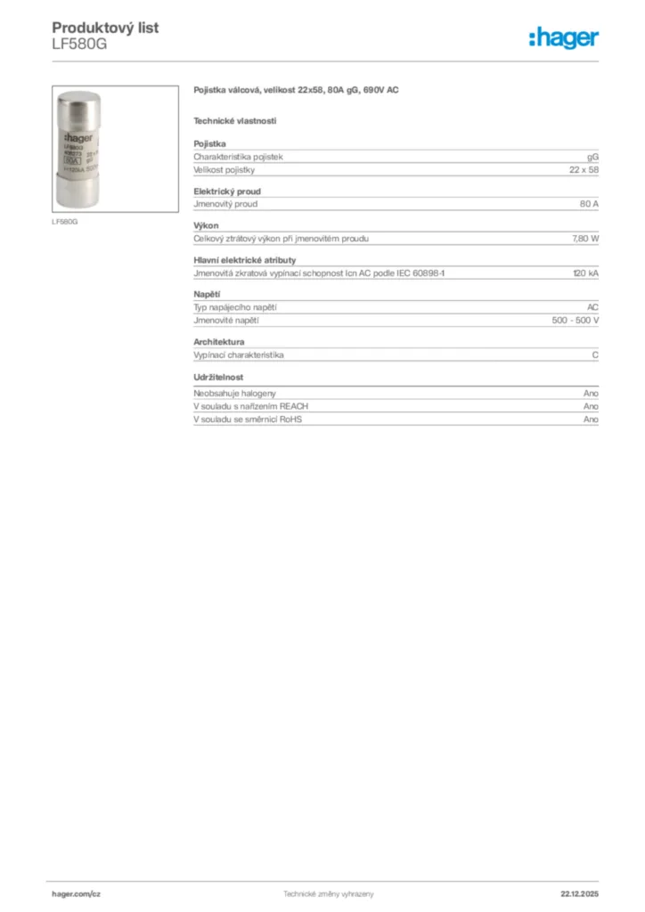 Obrázek Hager Produktový list LF580G | Hager