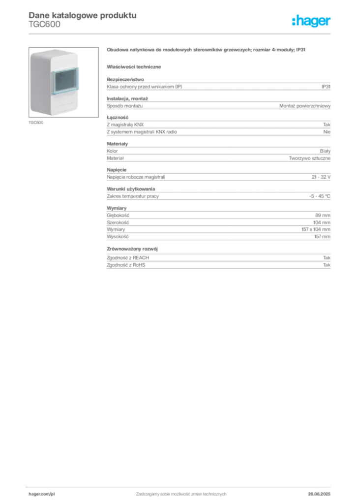 Zdjęcie Hager Dane katalogowe produktu TGC600 | Hager Polska