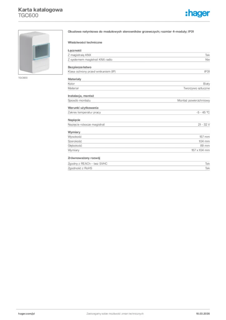 Zdjęcie Hager Karta katalogowa TGC600 | Hager Polska