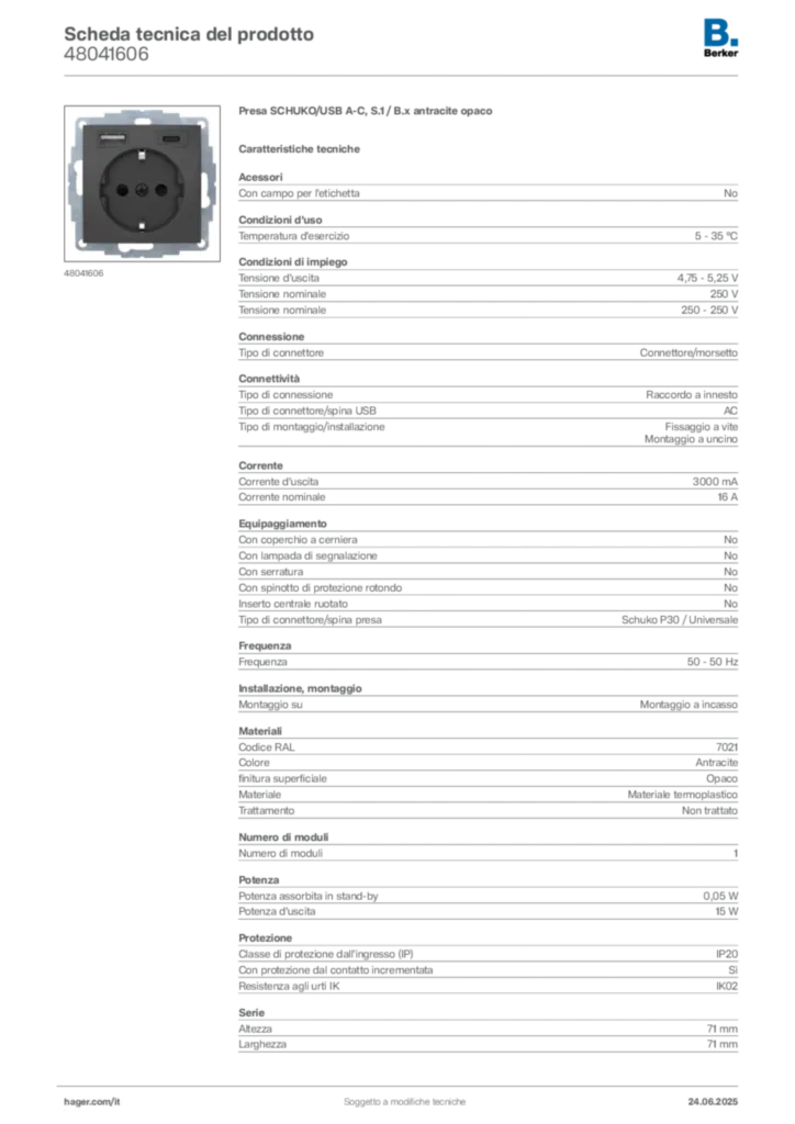 Immagine Berker Scheda tecnica del prodotto 48041606 | Hager Italia