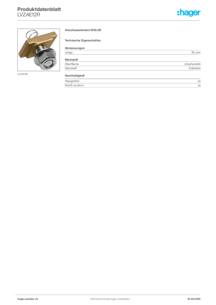 Bild Hager Produktdatenblatt LVZAE12R | Hager Schweiz