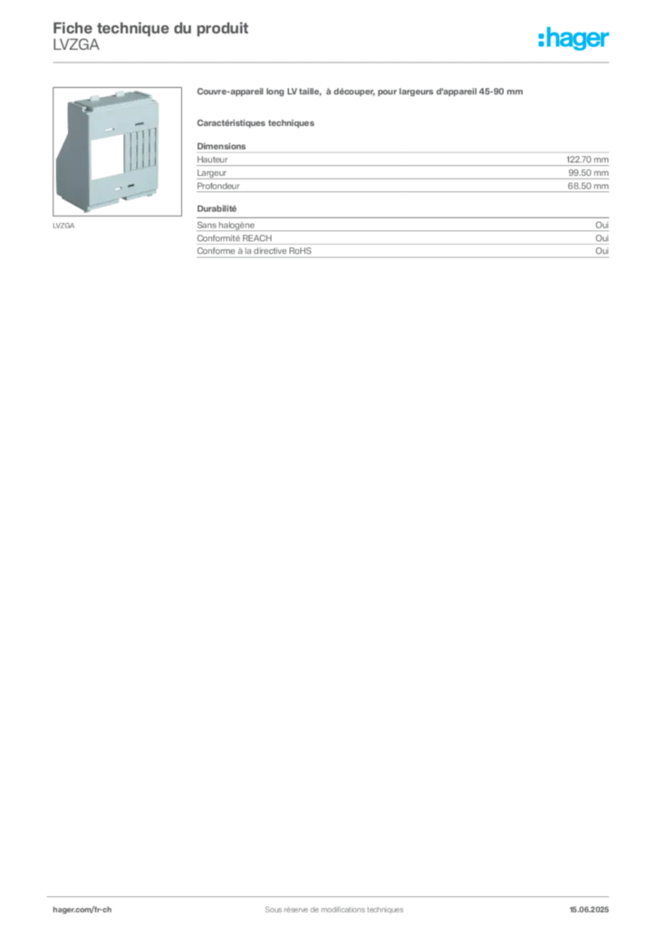 Image Hager Fiche technique du produit LVZGA | Hager Suisse