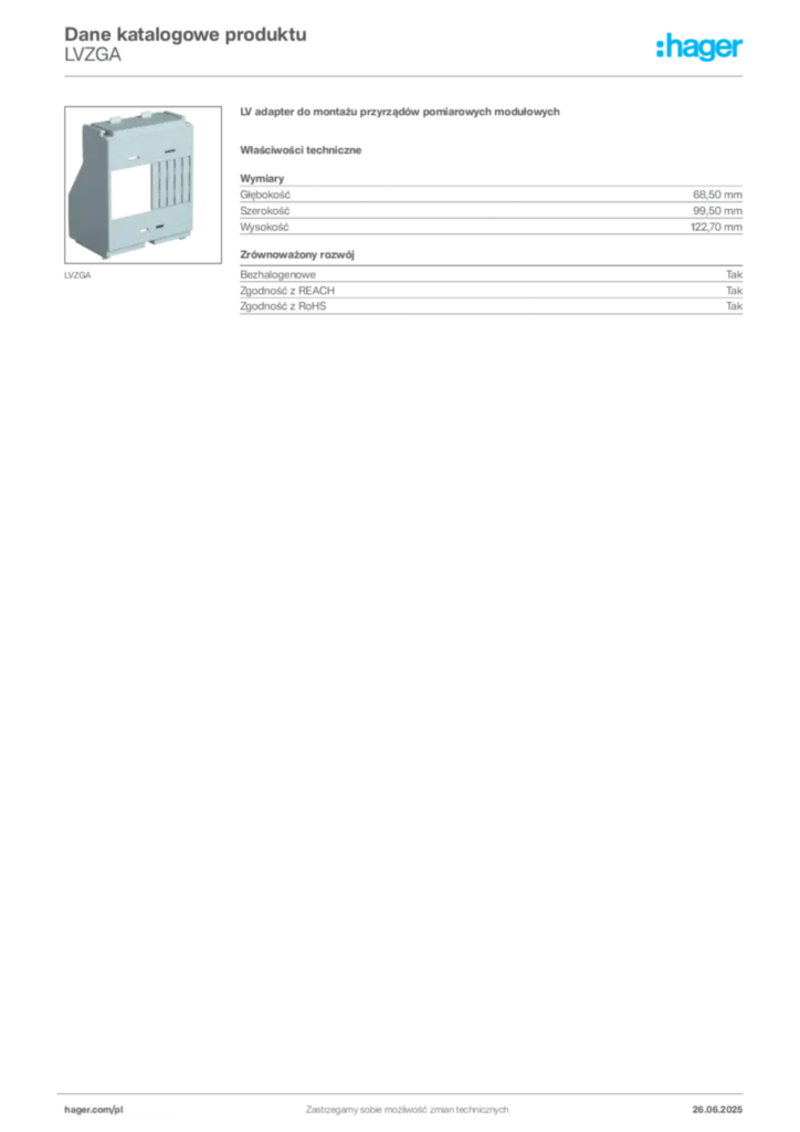 Zdjęcie Hager Dane katalogowe produktu LVZGA | Hager Polska