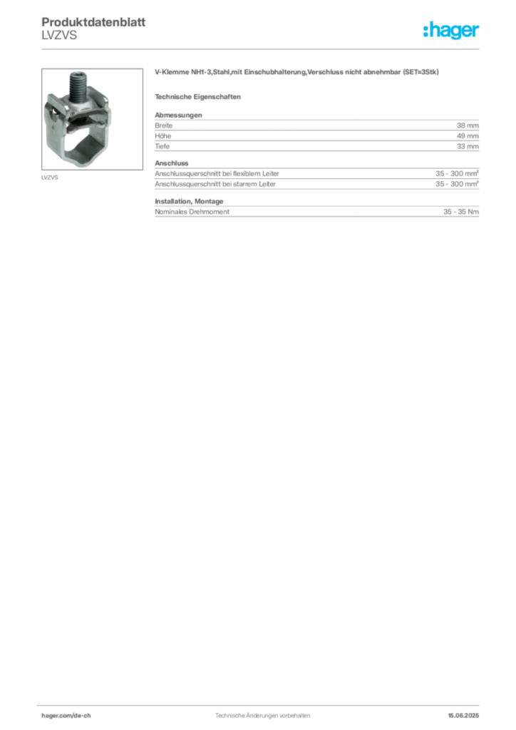 Bild Hager Produktdatenblatt LVZVS | Hager Schweiz