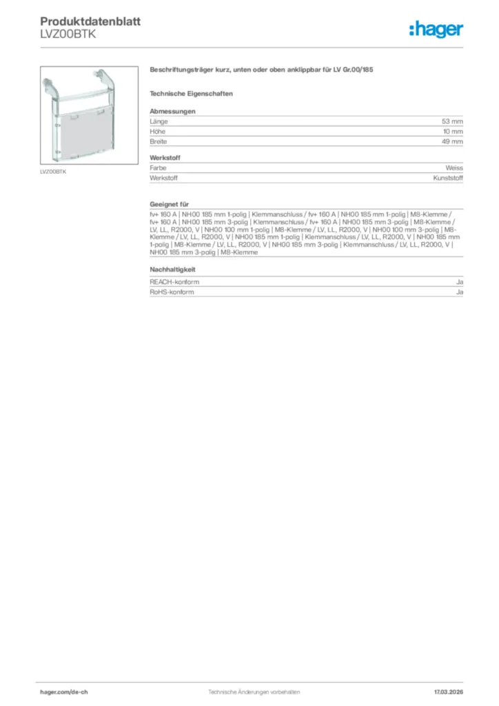 Bild Hager Produktdatenblatt LVZ00BTK | Hager Schweiz