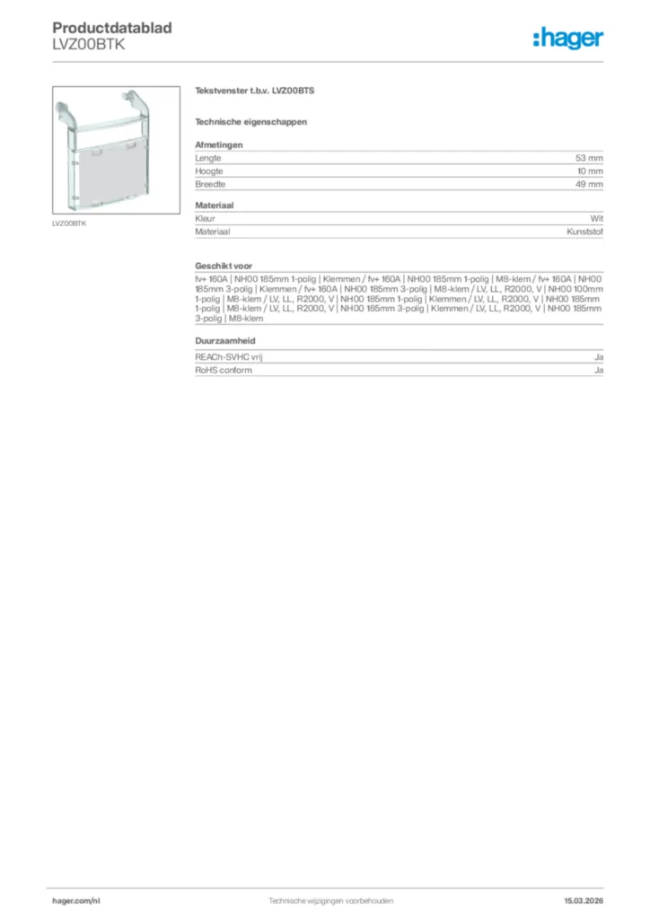 Afbeelding Hager Productdatablad LVZ00BTK | Hager Nederland