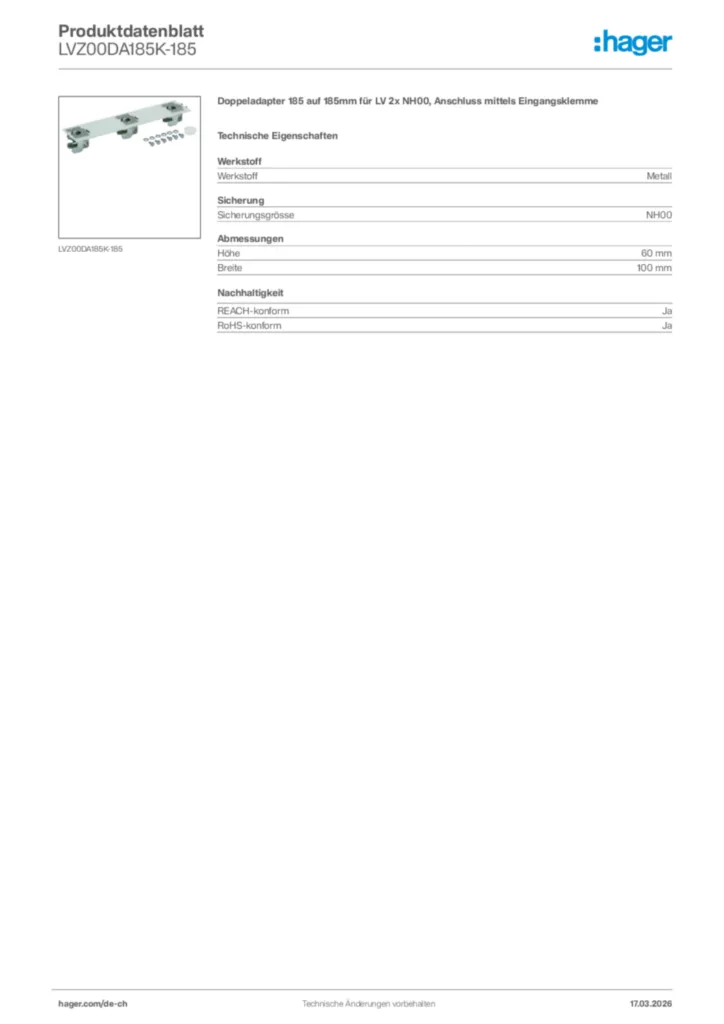 Bild Hager Produktdatenblatt LVZ00DA185K-185 | Hager Schweiz