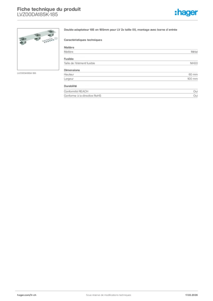 Image Hager Fiche technique du produit LVZ00DA185K-185 | Hager Suisse