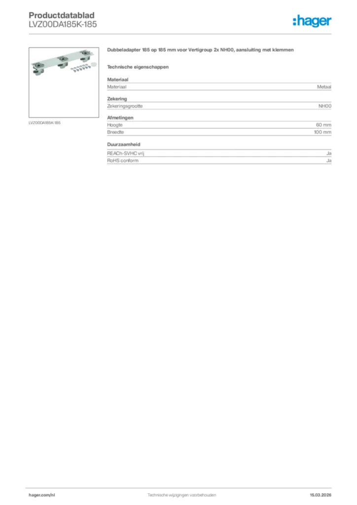 Afbeelding Hager Productdatablad LVZ00DA185K-185 | Hager Nederland