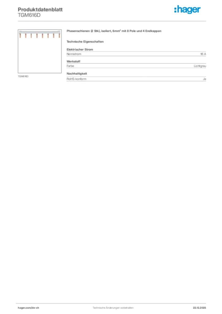 Bild Hager Produktdatenblatt TGM616D | Hager Schweiz