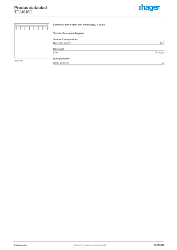 Afbeelding Hager Productdatablad TGM616D | Hager Nederland