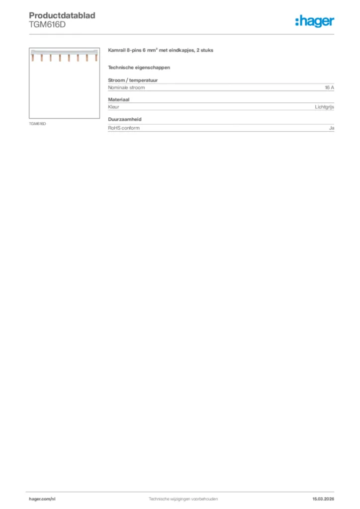 Afbeelding Hager Productdatablad TGM616D | Hager Nederland