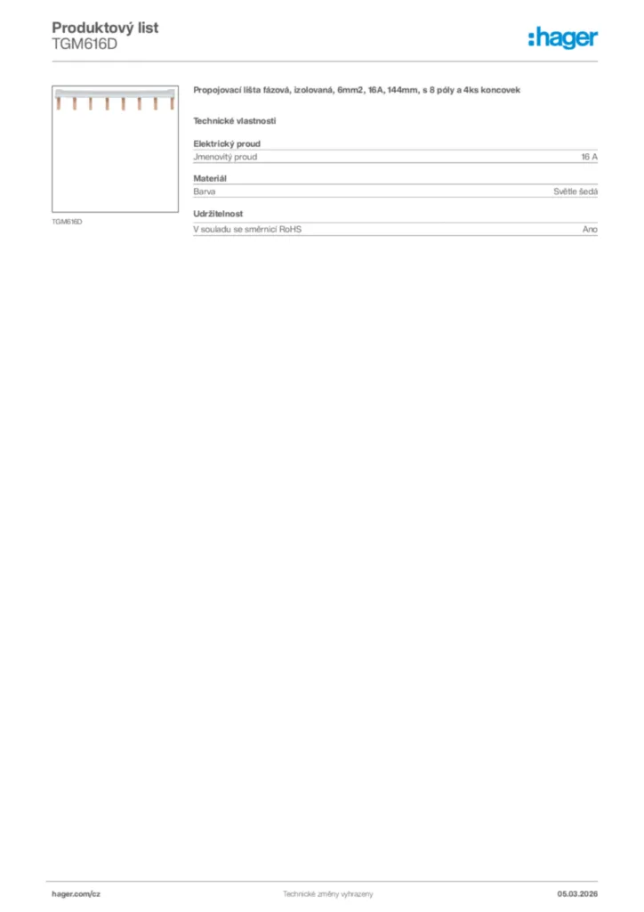 Obrázek Hager Product data sheet TGM616D | Hager