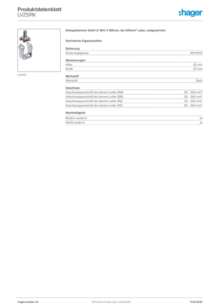 Bild Hager Produktdatenblatt LVZSRK | Hager Schweiz