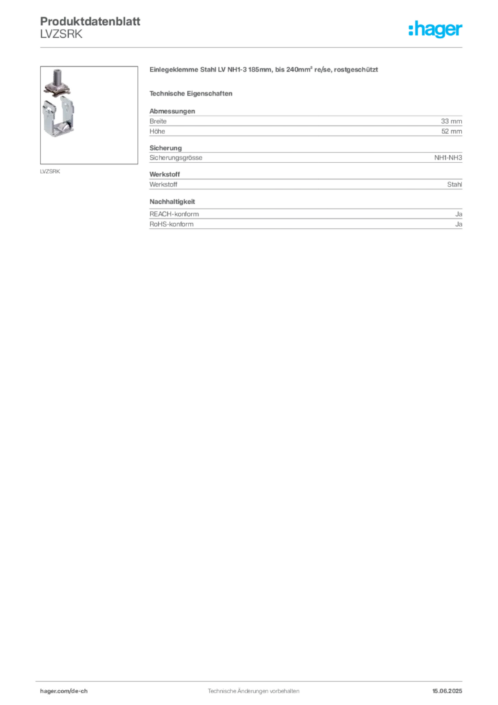 Bild Hager Produktdatenblatt LVZSRK | Hager Schweiz