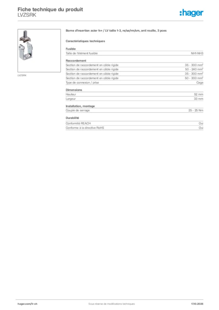 Image Hager Fiche technique du produit LVZSRK | Hager Suisse