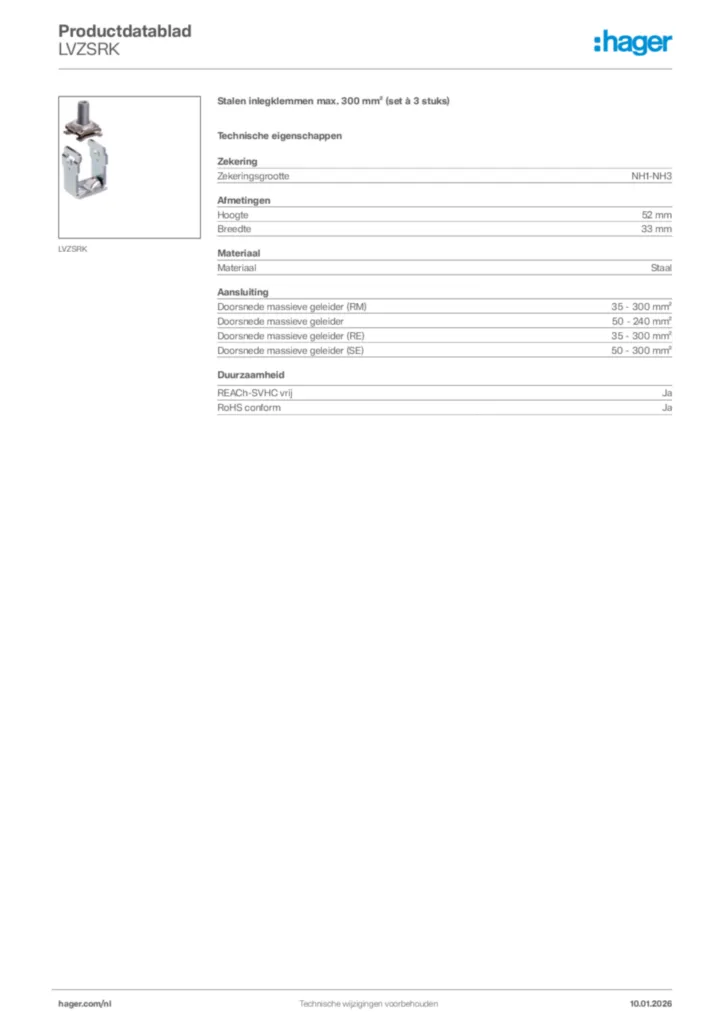 Afbeelding Hager Productdatablad LVZSRK | Hager Nederland