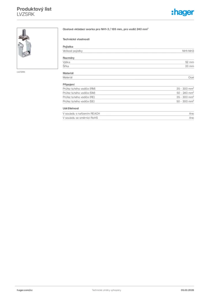 Obrázek Hager Product data sheet LVZSRK | Hager