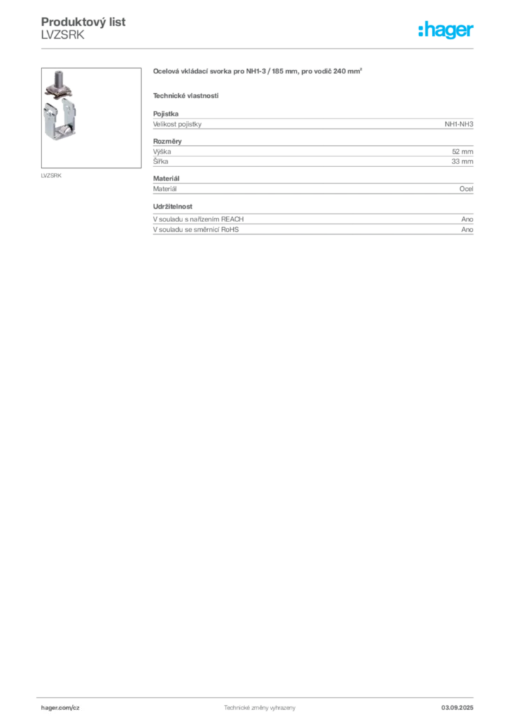 Obrázek Hager Produktový list LVZSRK | Hager