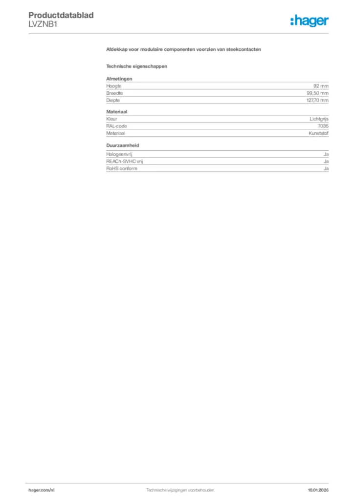 Afbeelding Hager Productdatablad LVZNB1 | Hager Nederland