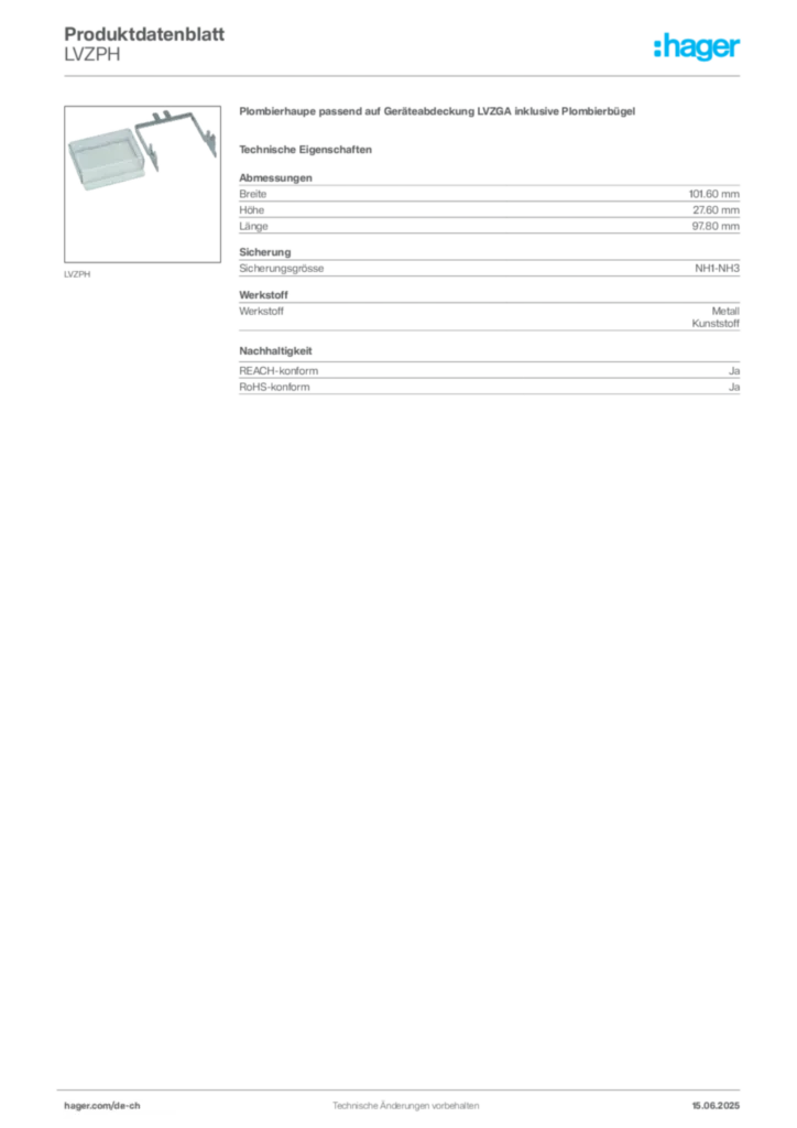 Bild Hager Produktdatenblatt LVZPH | Hager Schweiz