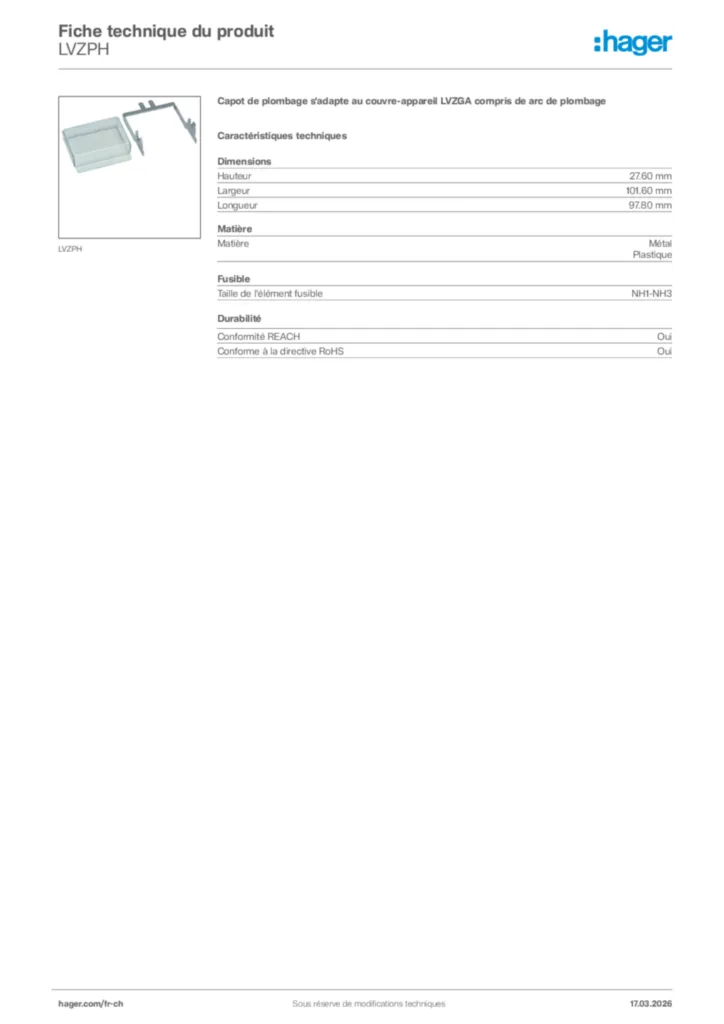 Image Hager Fiche technique du produit LVZPH | Hager Suisse