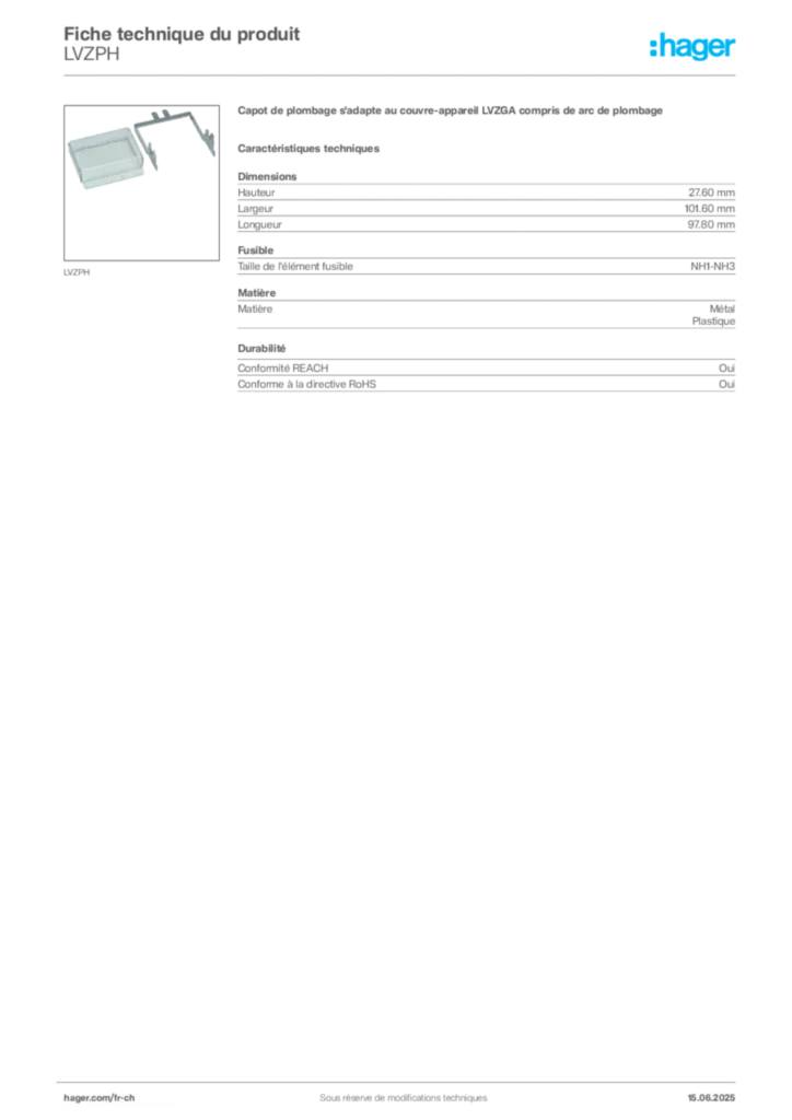 Image Hager Fiche technique du produit LVZPH | Hager Suisse