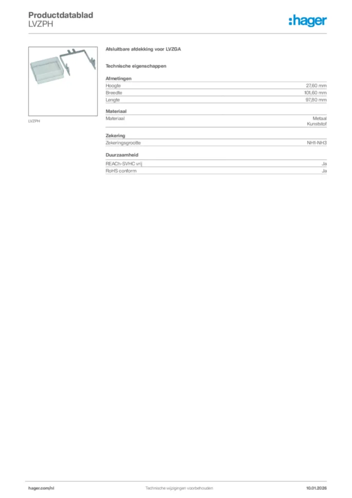 Afbeelding Hager Productdatablad LVZPH | Hager Nederland