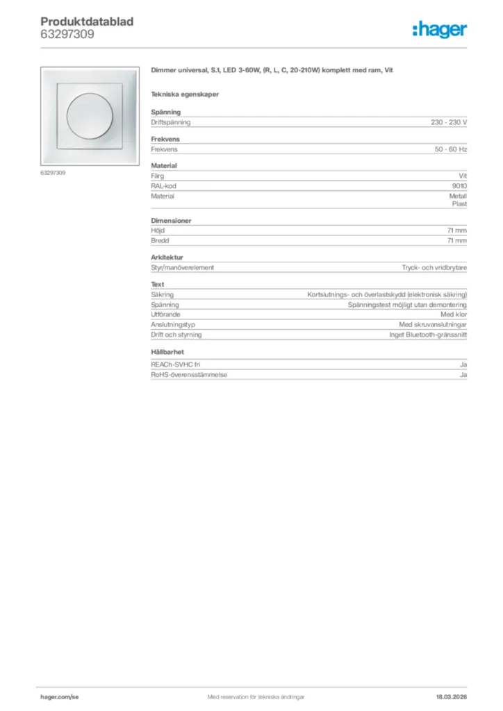 Bild Hager Produktdatablad 63297309 | Hager Sverige