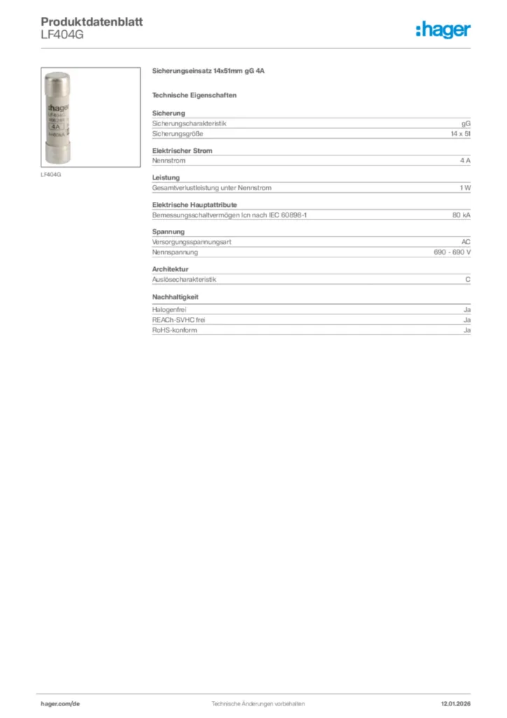 Bild Hager Produktdatenblatt LF404G | Hager Deutschland